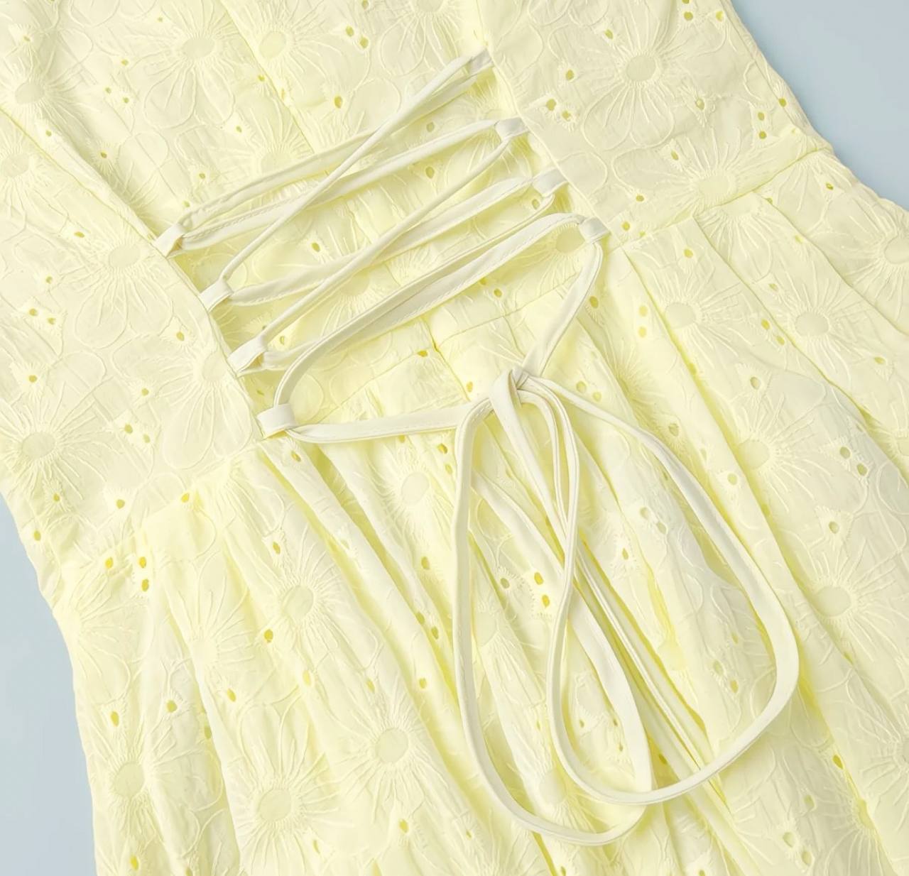 TINKOFF Summer Lemon Light Yellow Girly Low-Cut V-Neck Lace-Up Dress with Puff Sleeves Waist-Waist A-Line Dress