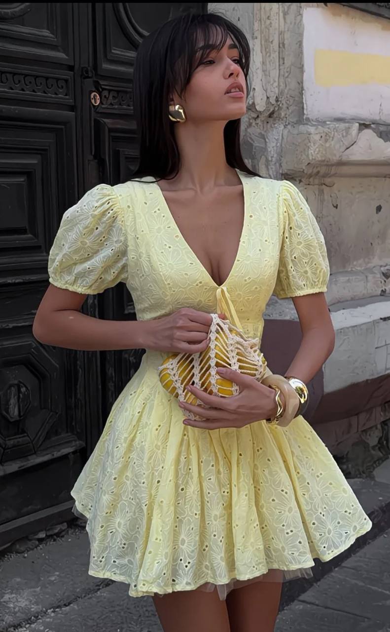 TINKOFF Summer Lemon Light Yellow Girly Low-Cut V-Neck Lace-Up Dress with Puff Sleeves Waist-Waist A-Line Dress