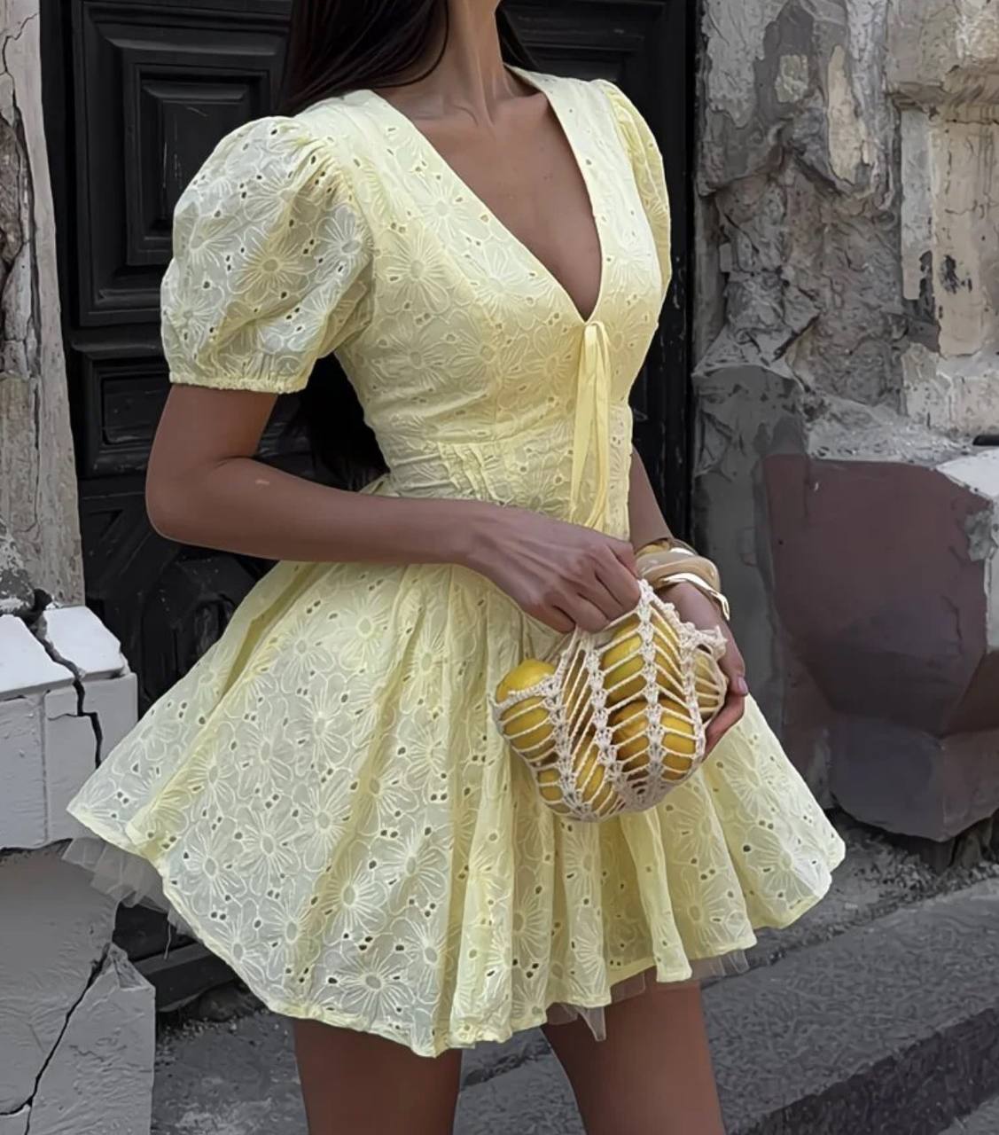 TINKOFF Summer Lemon Light Yellow Girly Low-Cut V-Neck Lace-Up Dress with Puff Sleeves Waist-Waist A-Line Dress