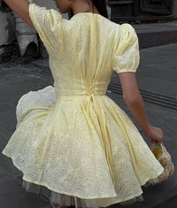 TINKOFF Summer Lemon Light Yellow Girly Low-Cut V-Neck Lace-Up Dress with Puff Sleeves Waist-Waist A-Line Dress