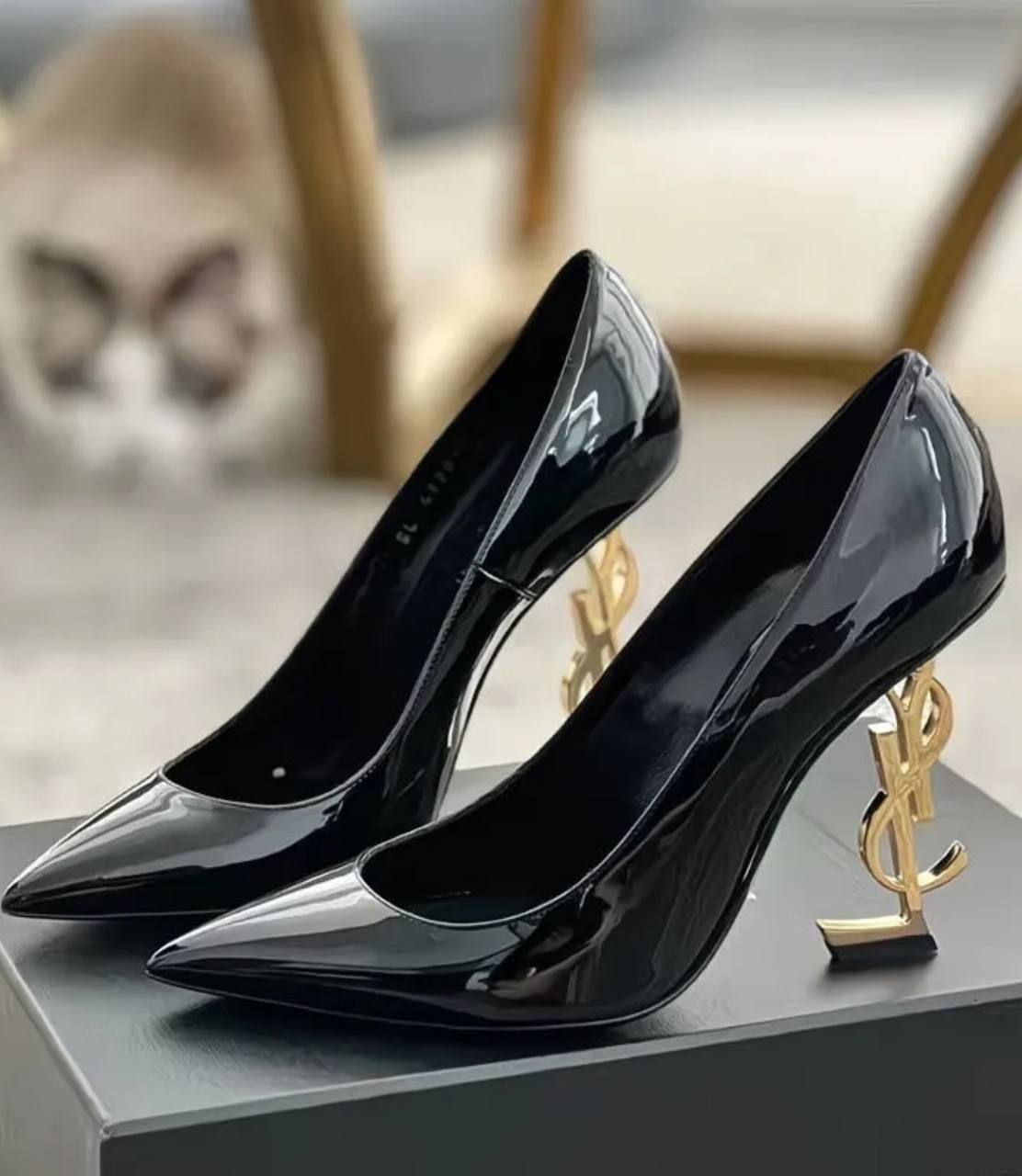 This shoe is a luxurious high heel from Saint Laurent (YSL)
