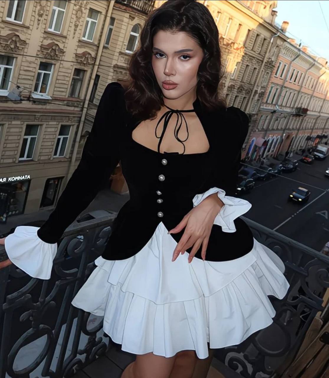 Elegant black and white two-piece dress