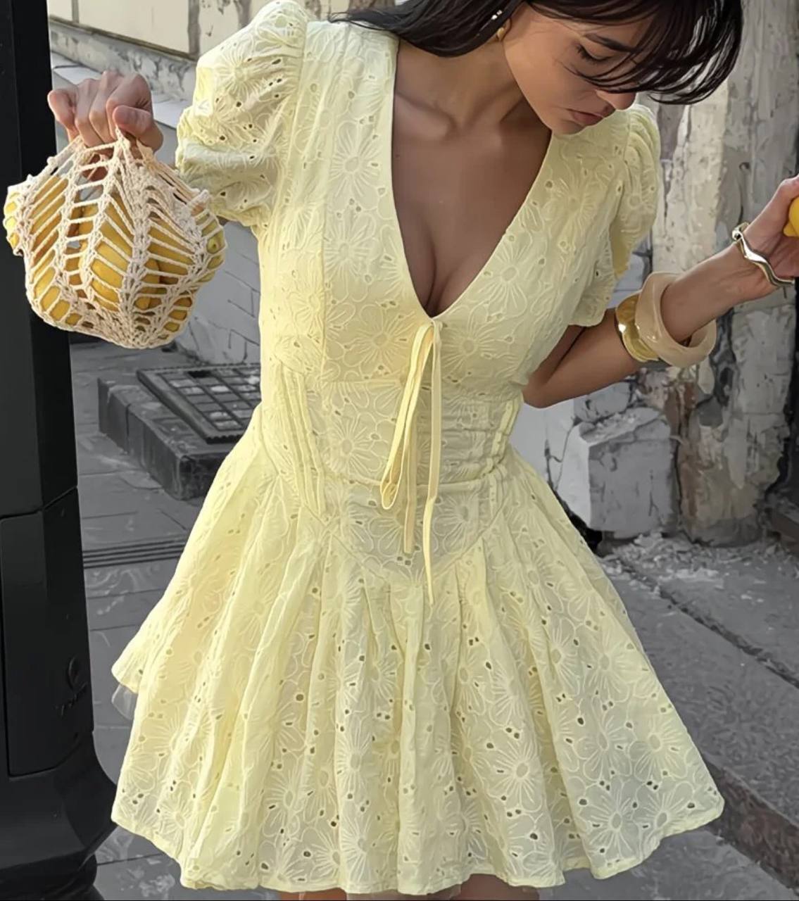 TINKOFF Summer Lemon Light Yellow Girly Low-Cut V-Neck Lace-Up Dress with Puff Sleeves Waist-Waist A-Line Dress